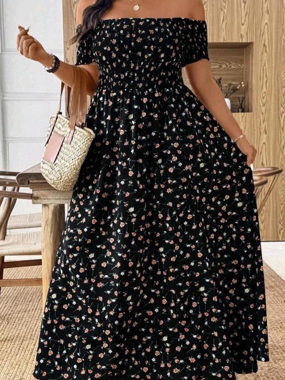 SHEIN Black Off-Shoulder Floral Maxi Dress with Side Slit - Picture 2 of 6